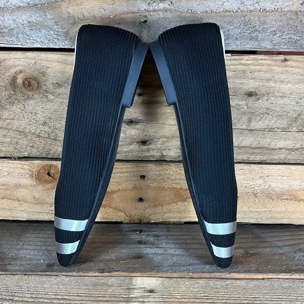 Black Ribbed Ballet Flats with Silver Stripes and Removable Bows